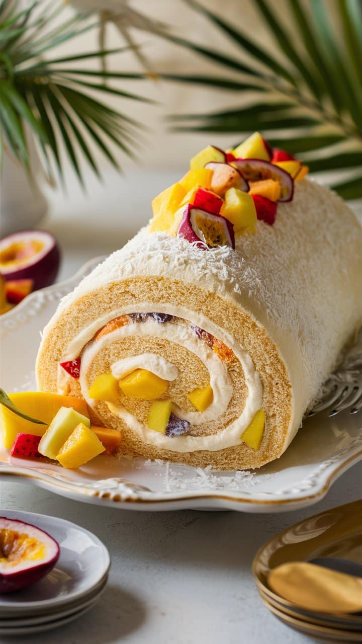 Gâteau roulé aux fruits exotiques et crème chantilly.