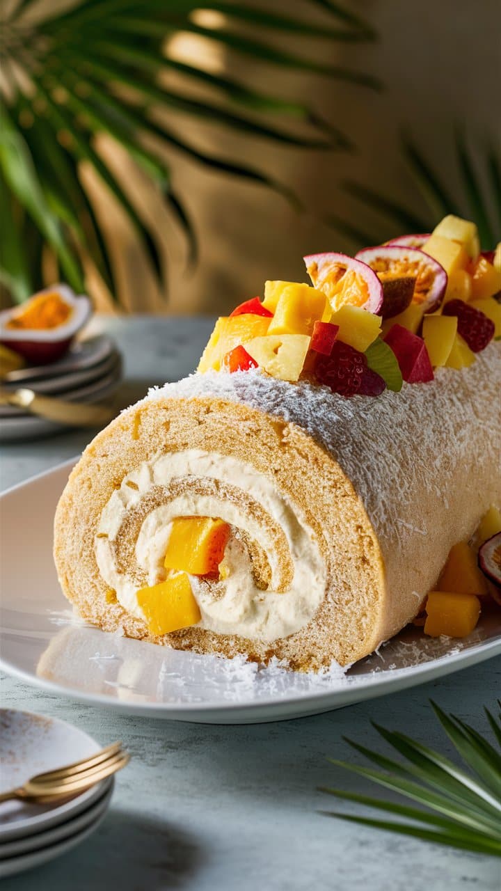 Roulé tropical garni de fruits frais colorés.