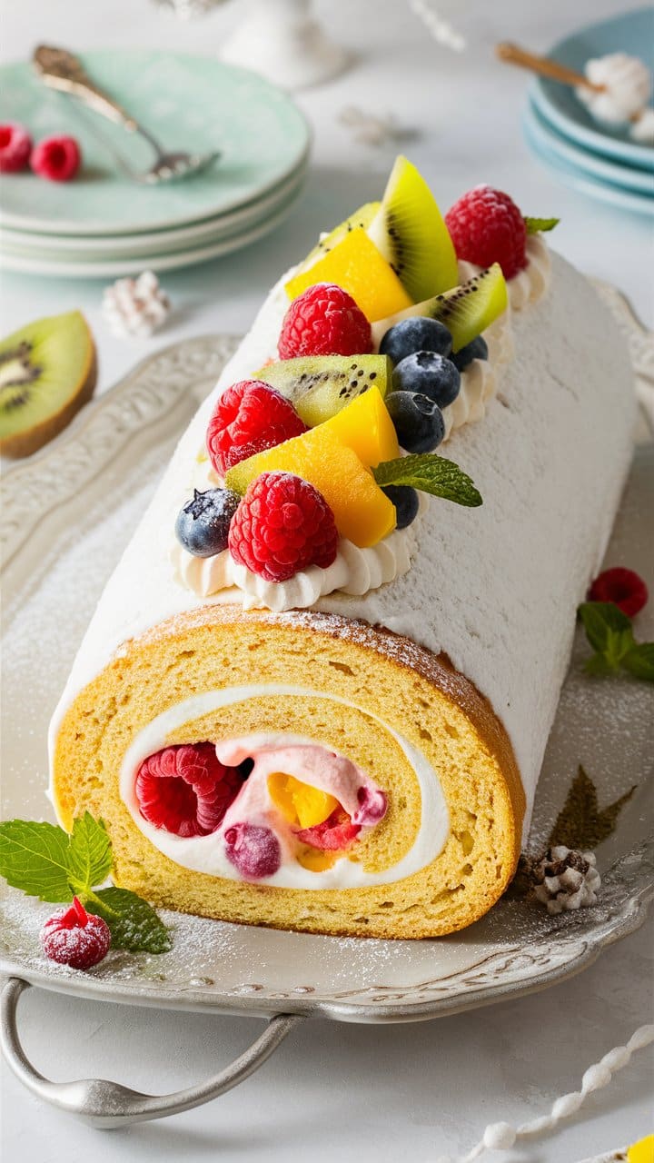 Gâteau roulé aux fruits frais et chantilly.