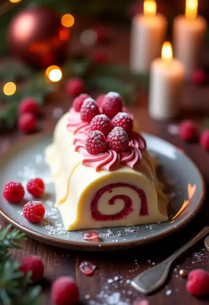 Bûche framboise vanille décorée de framboises fraîches.