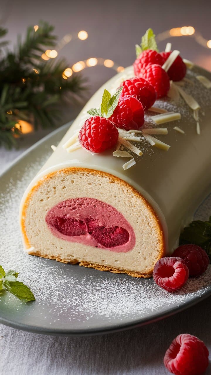 Bûche de Noël, framboises fraîches, chocolat blanc.