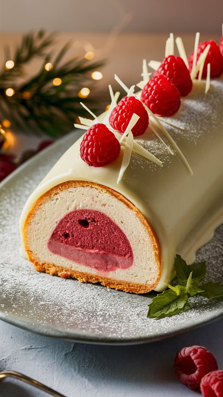 Bûche glacée framboise, garniture chocolat blanc et framboises.