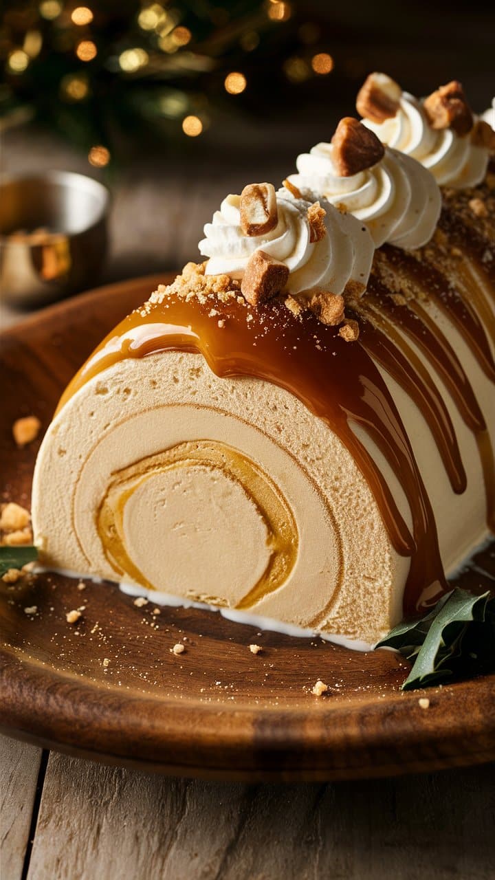 Bûche de Noël glacée au caramel et chantilly.