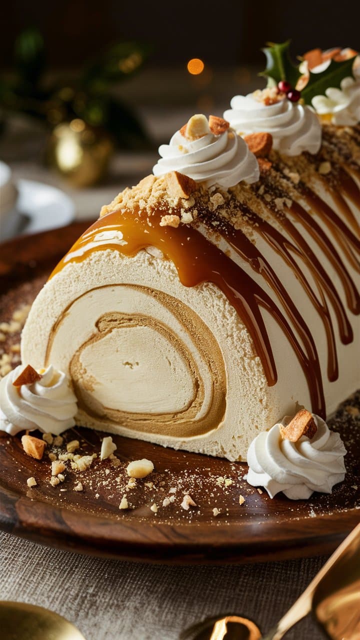 Bûche glacée au caramel avec chantilly.