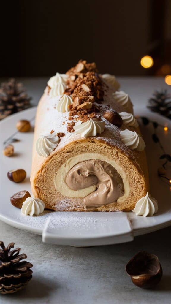 Bûche roulée crème noisette décorée de chantilly.