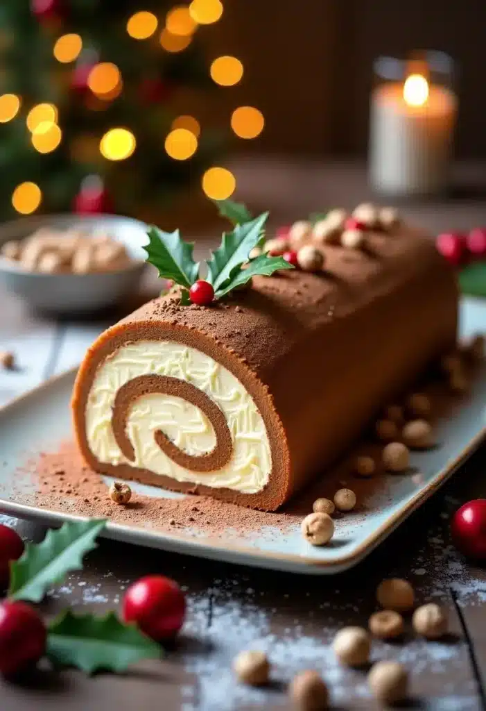 Bûche de Noël décorée sur une table festive.