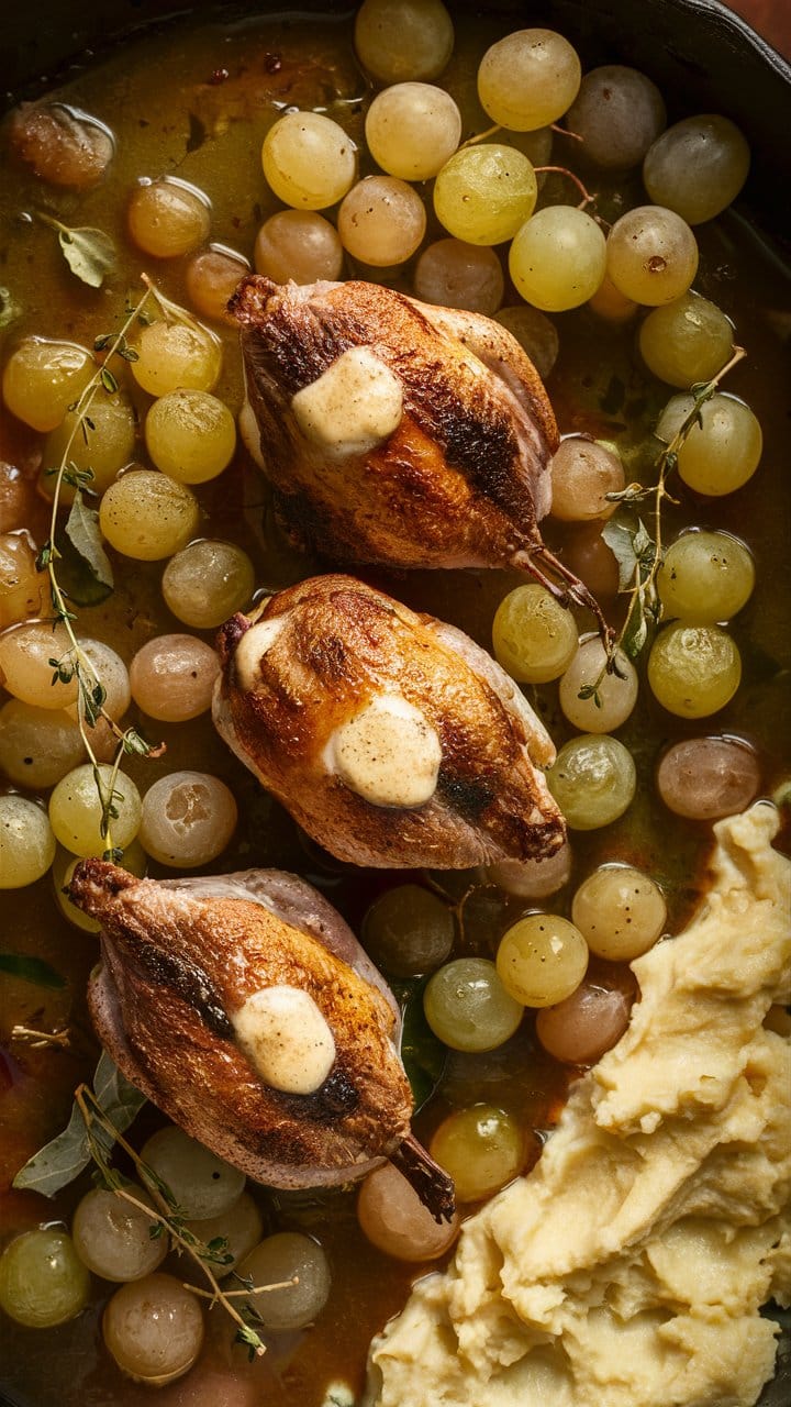 Cailles rôties avec raisins et purée.