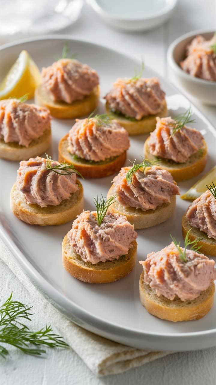 Canapés de pain et mousse rose sur assiette blanche.