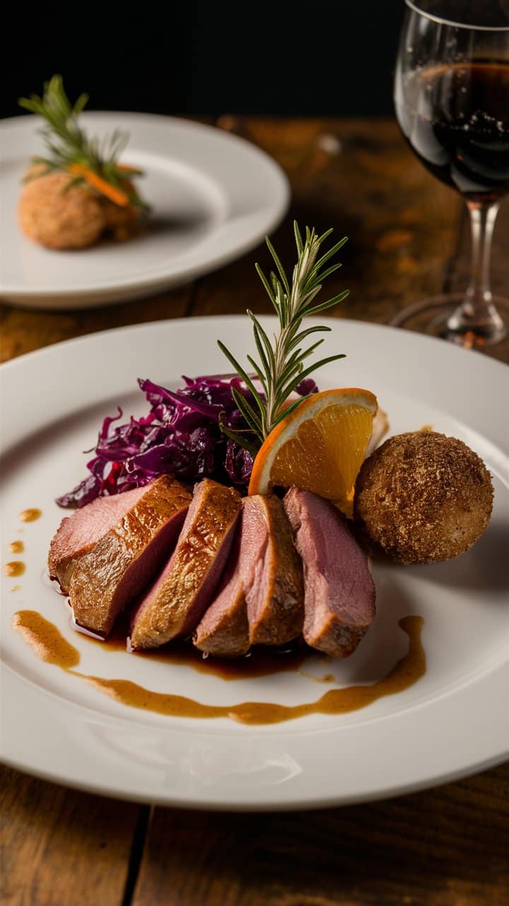 Plat de magret de canard avec légumes et vin.
