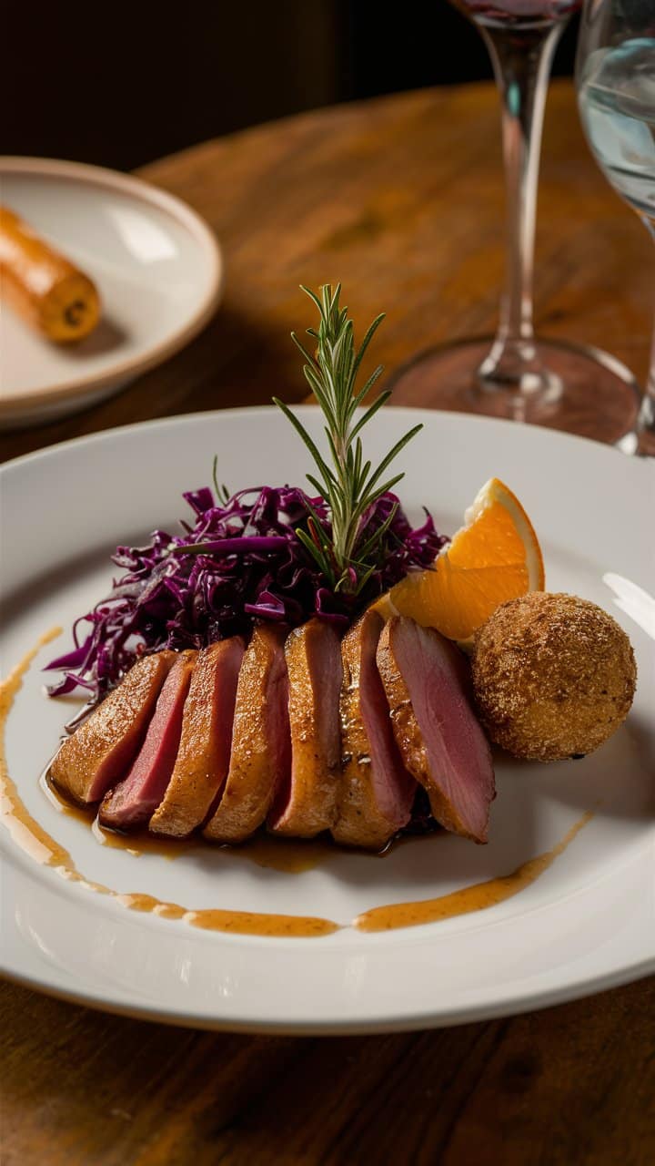 Assiette de magret de canard avec chou rouge.