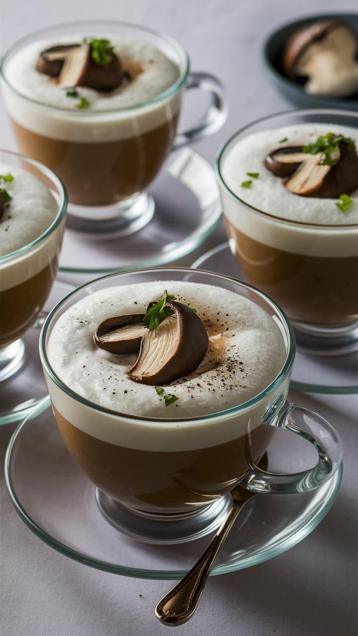 Cappuccino de champignons en tasse, décoration gourmande.