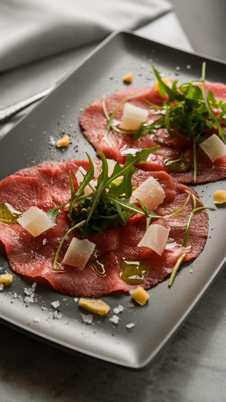Carpaccio de bœuf, roquette, parmesan sur assiette grise.