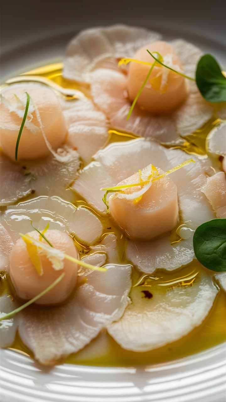 Carpaccio de Saint-Jacques au citron et huile.