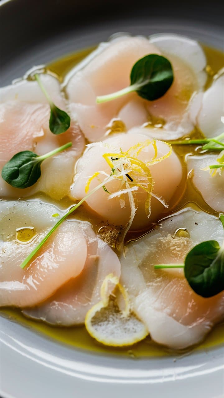 Carpaccio de coquilles Saint-Jacques avec agrumes et herbes.