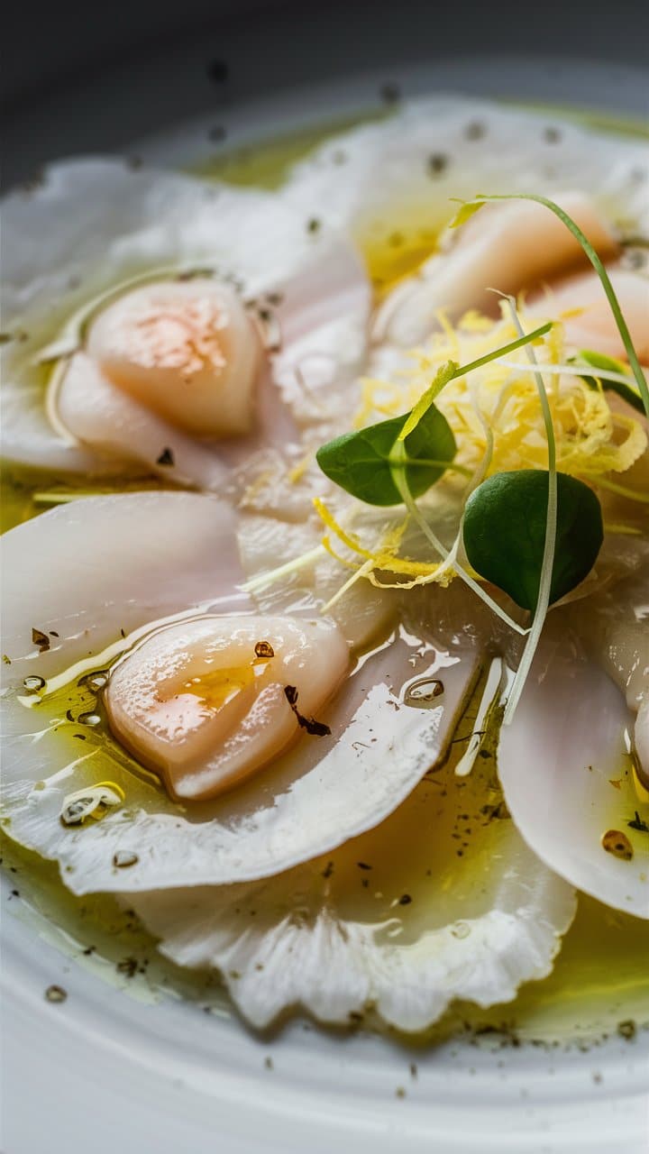 Carpaccio de coquilles Saint-Jacques avec citron et herbes.