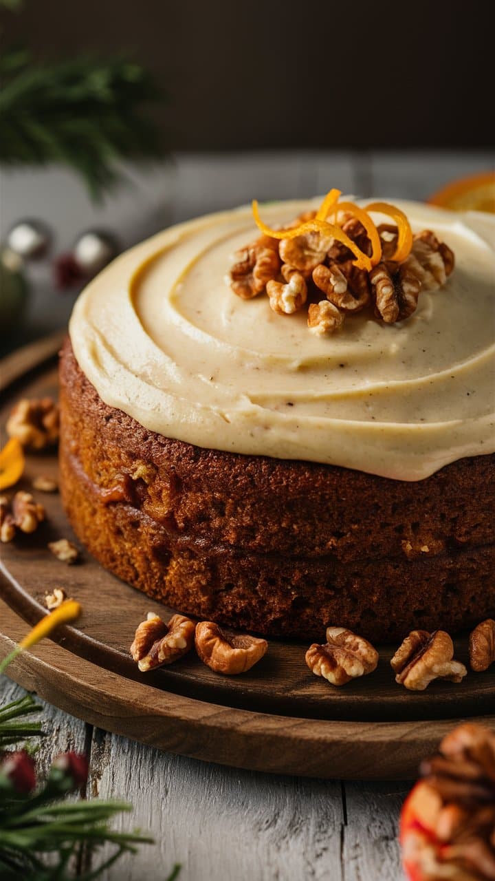 Gâteau aux noix et glaçage crémeux sur assiette.