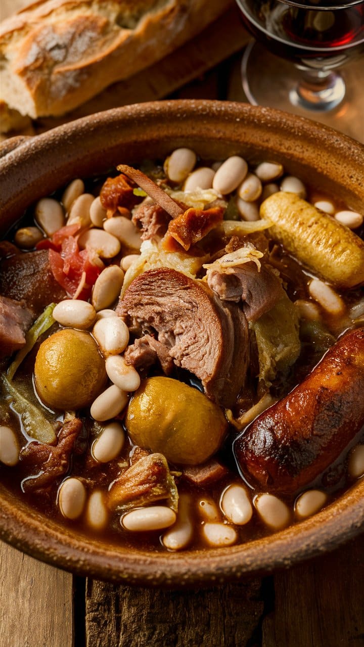 Cassoulet traditionnel avec saucisse, haricots, pain.