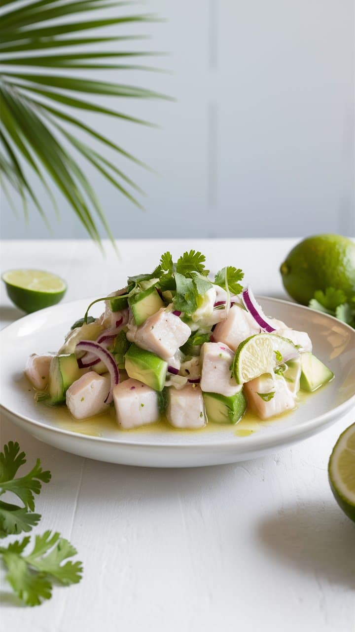 Ceviche au citron vert sur assiette blanche.