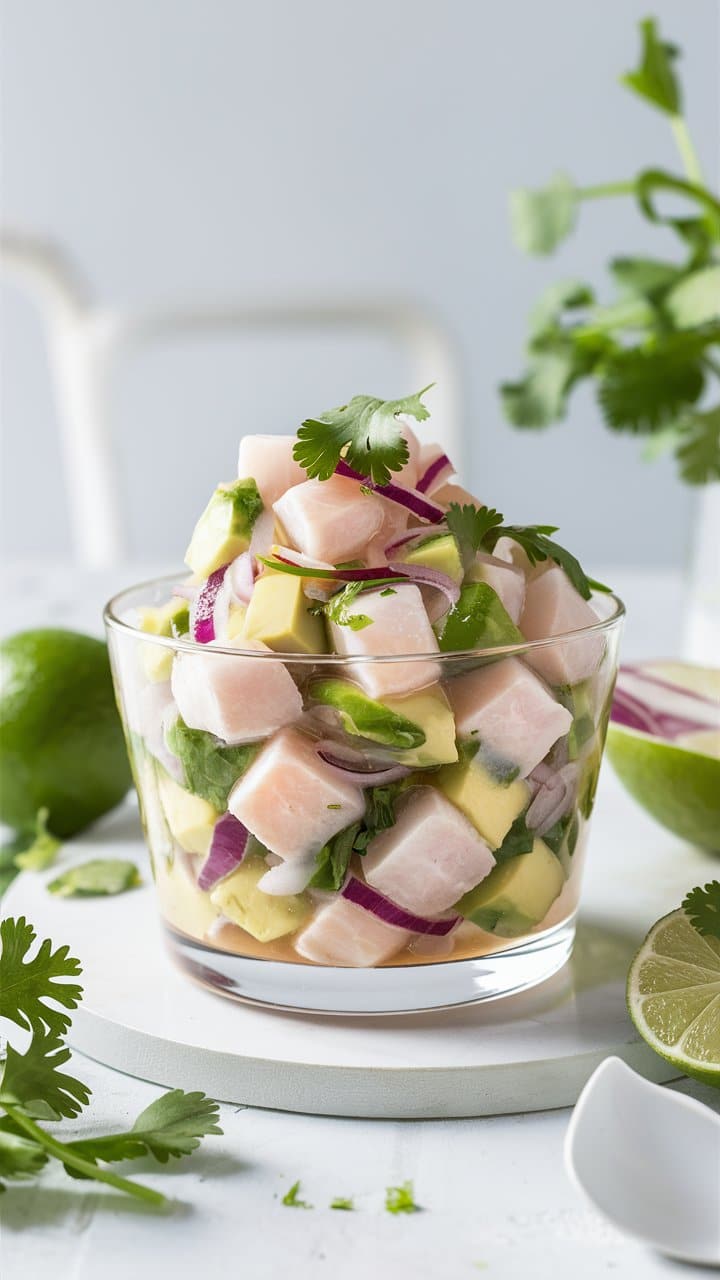 Ceviche au poisson, avocat, coriandre dans un verre.