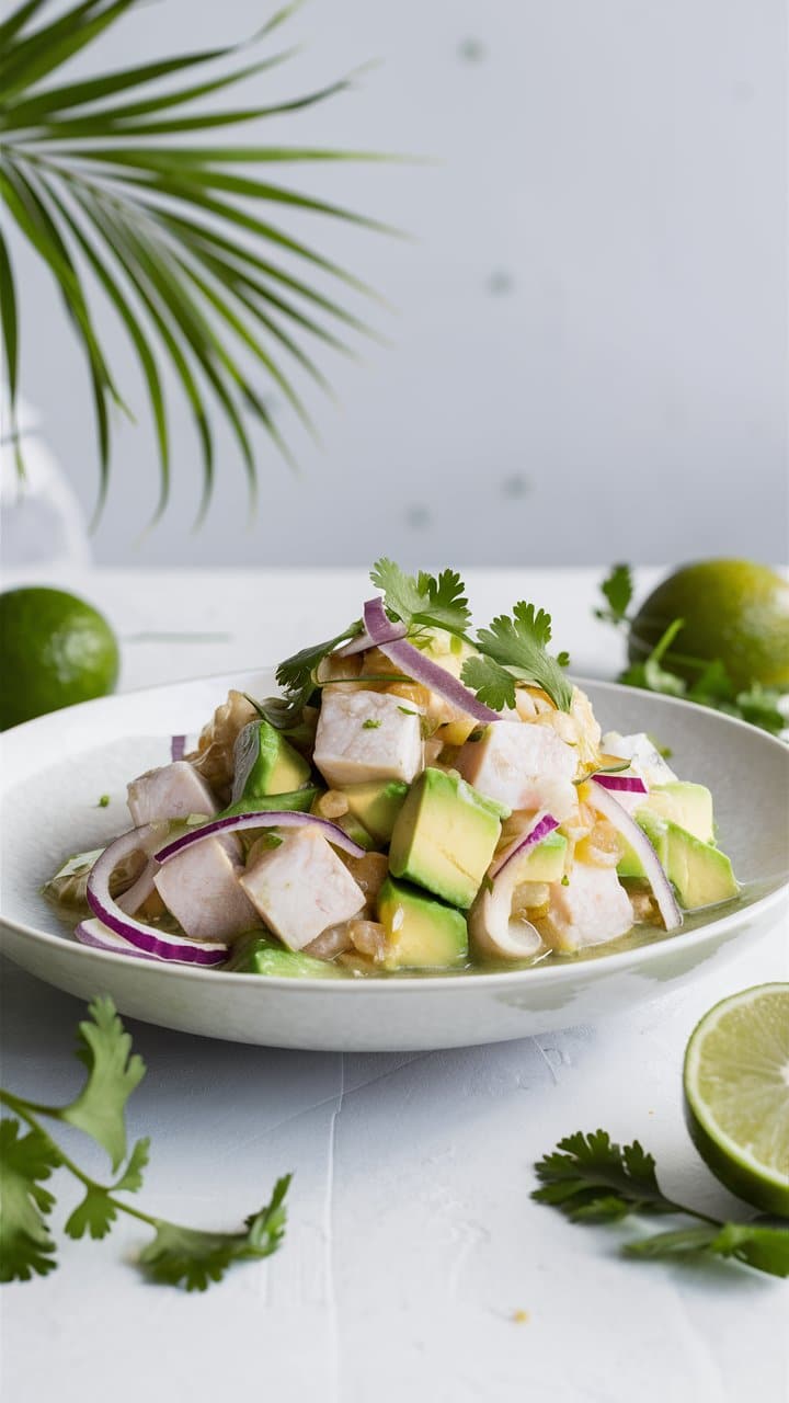 Salade avocat, poisson et coriandre sur assiette blanche.
