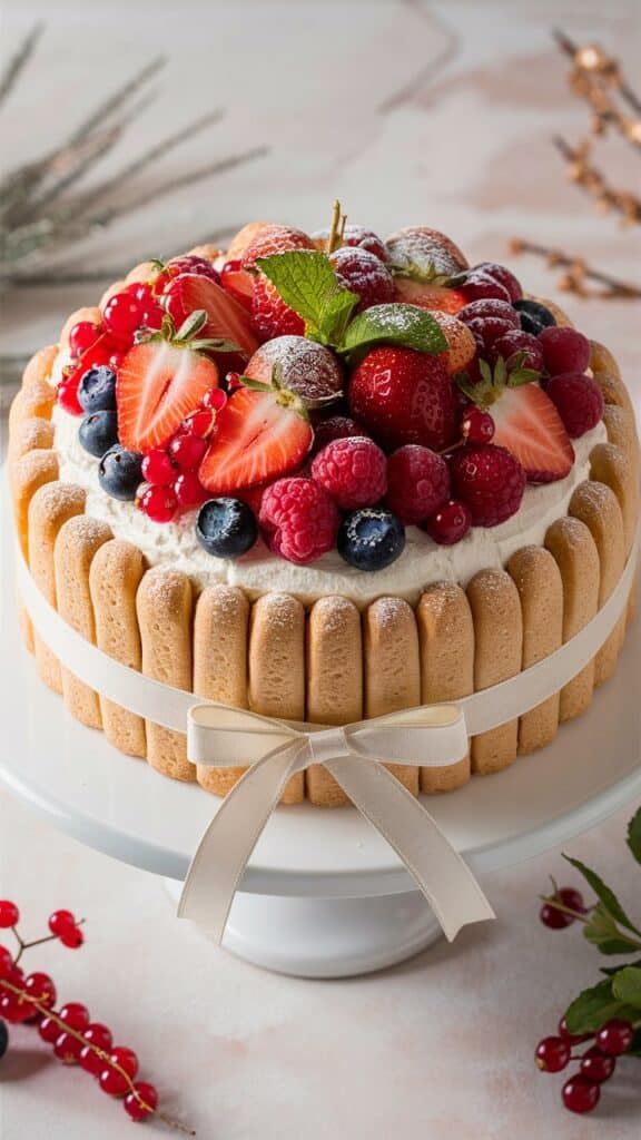 Gâteau aux fruits frais et biscuits décoré d'un ruban.