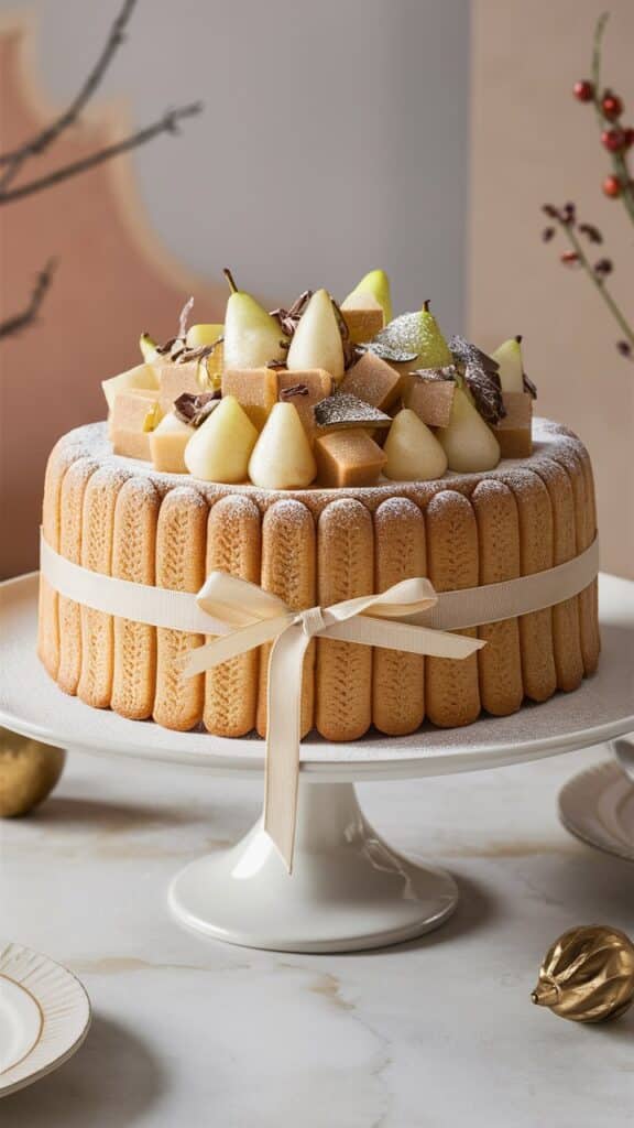 Charlotte décorée de fruits et chocolat sur assiette.