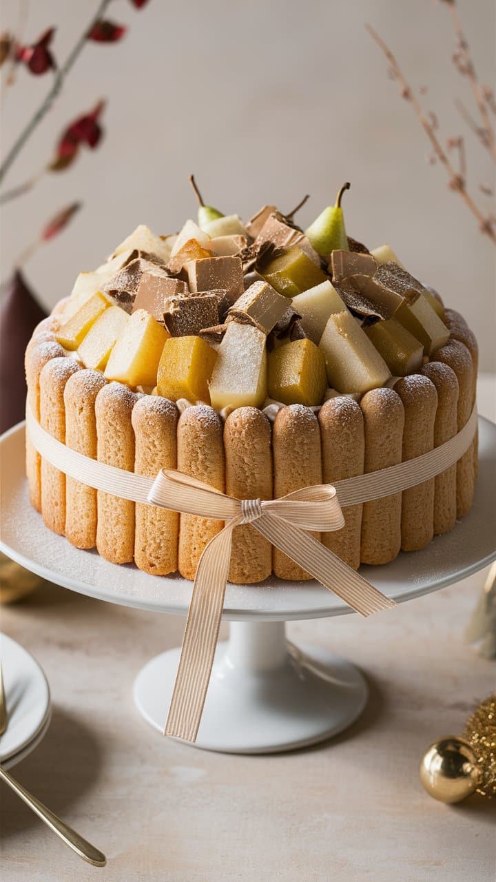 Gâteau charlotte avec morceaux de fruits et chocolat.
