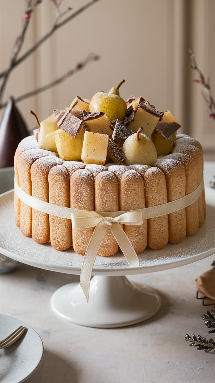 Charlotte poires chocolat sur plat blanc élégante.