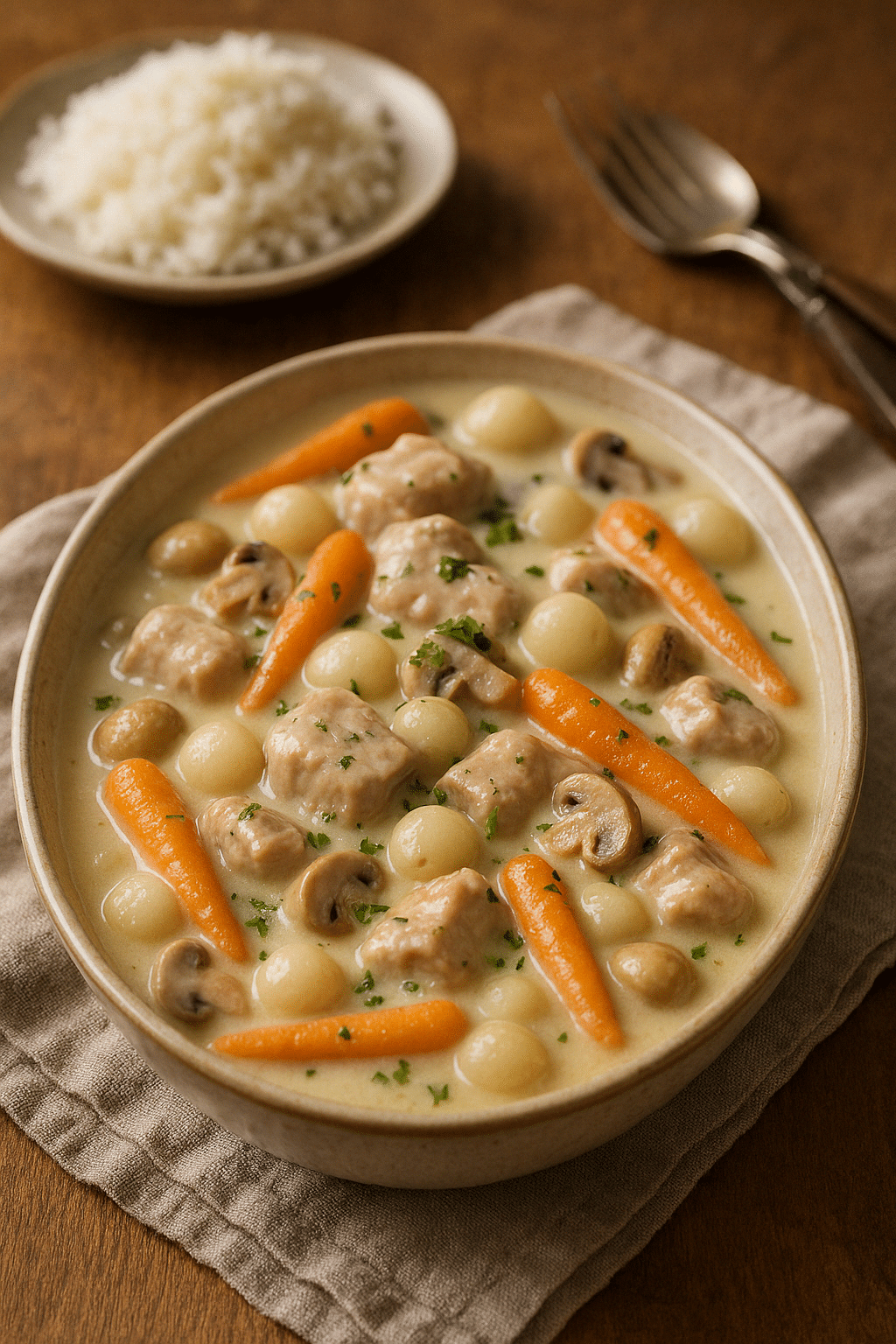 Blanquette de veau avec légumes, plat traditionnel français.