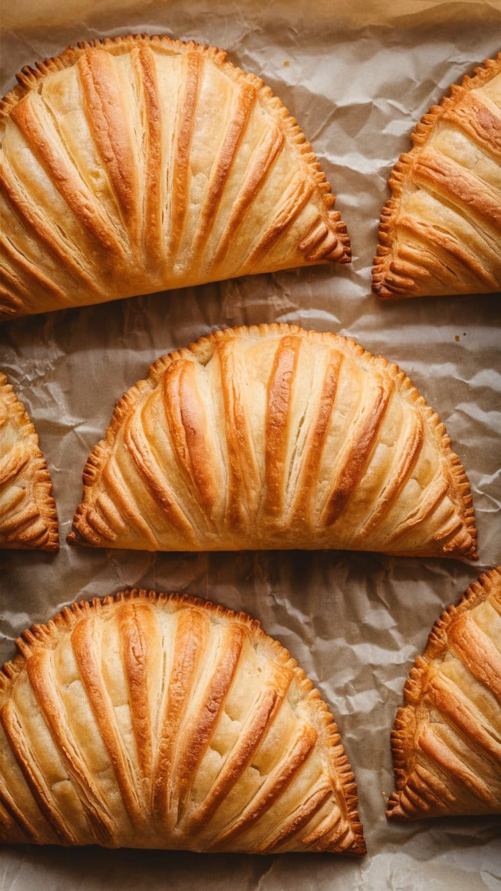 Chaussons feuilletés dorés sur papier cuisson.