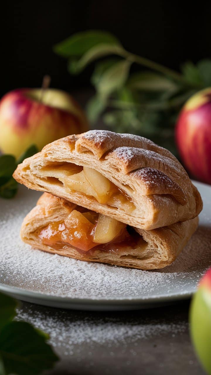 Chausson aux pommes sur assiette avec pommes en arrière-plan.