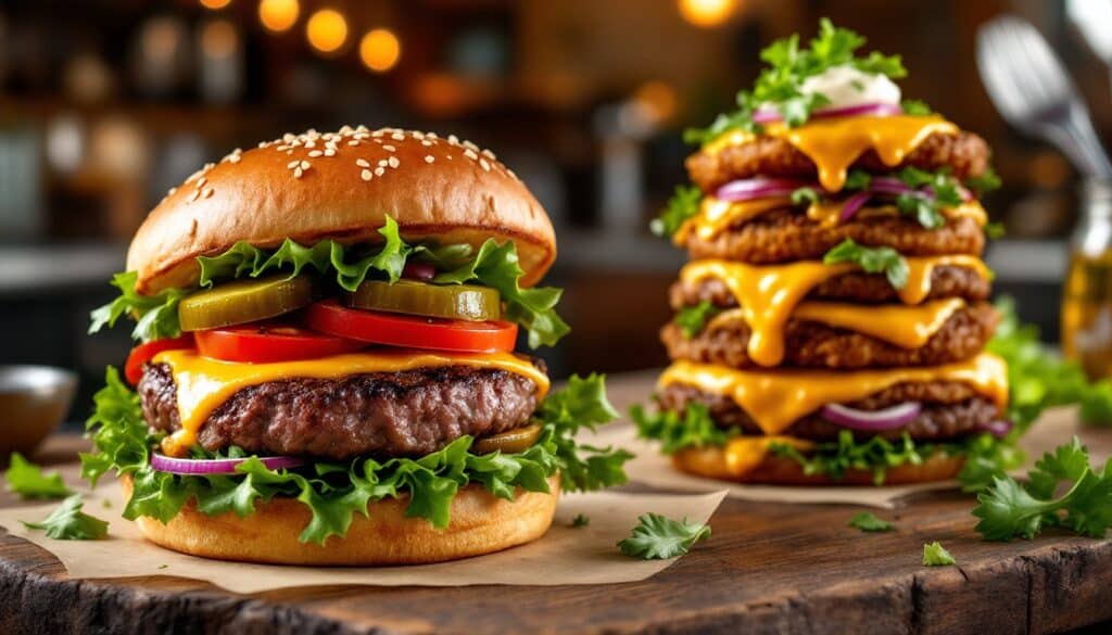 Délicieux burgers garnis de légumes et fromage fondu.