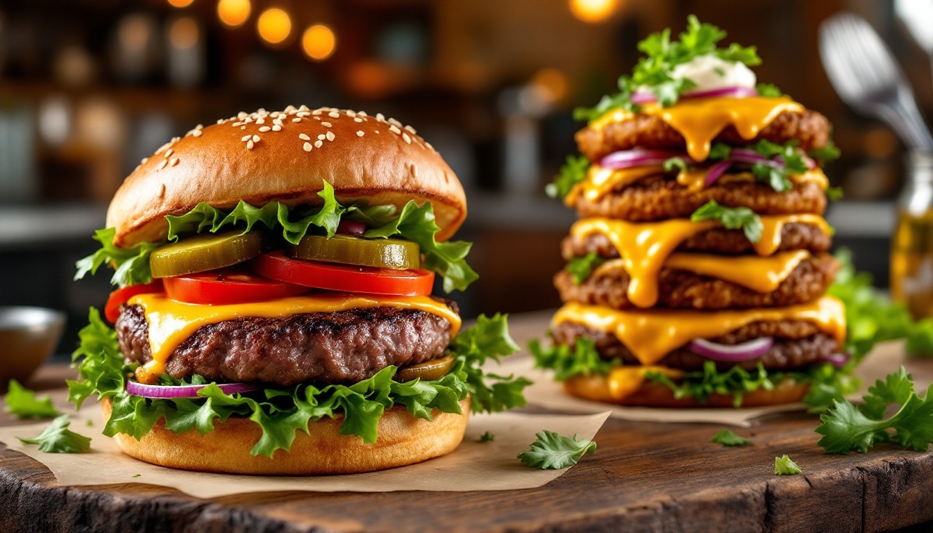 Délicieux burgers garnis de légumes et fromage fondu.