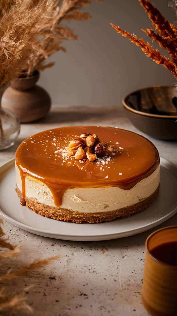 Cheesecake caramel sur assiette, décor automnal.