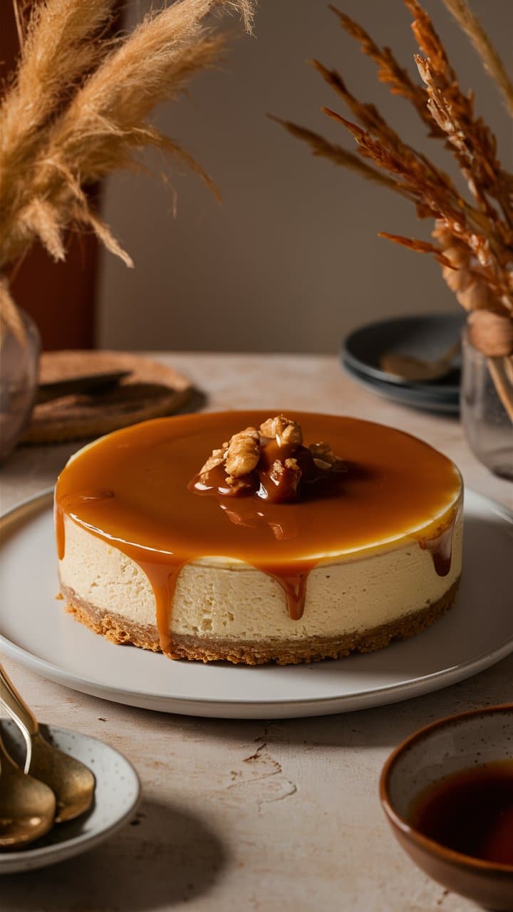 Cheesecake au caramel et noix sur une assiette.