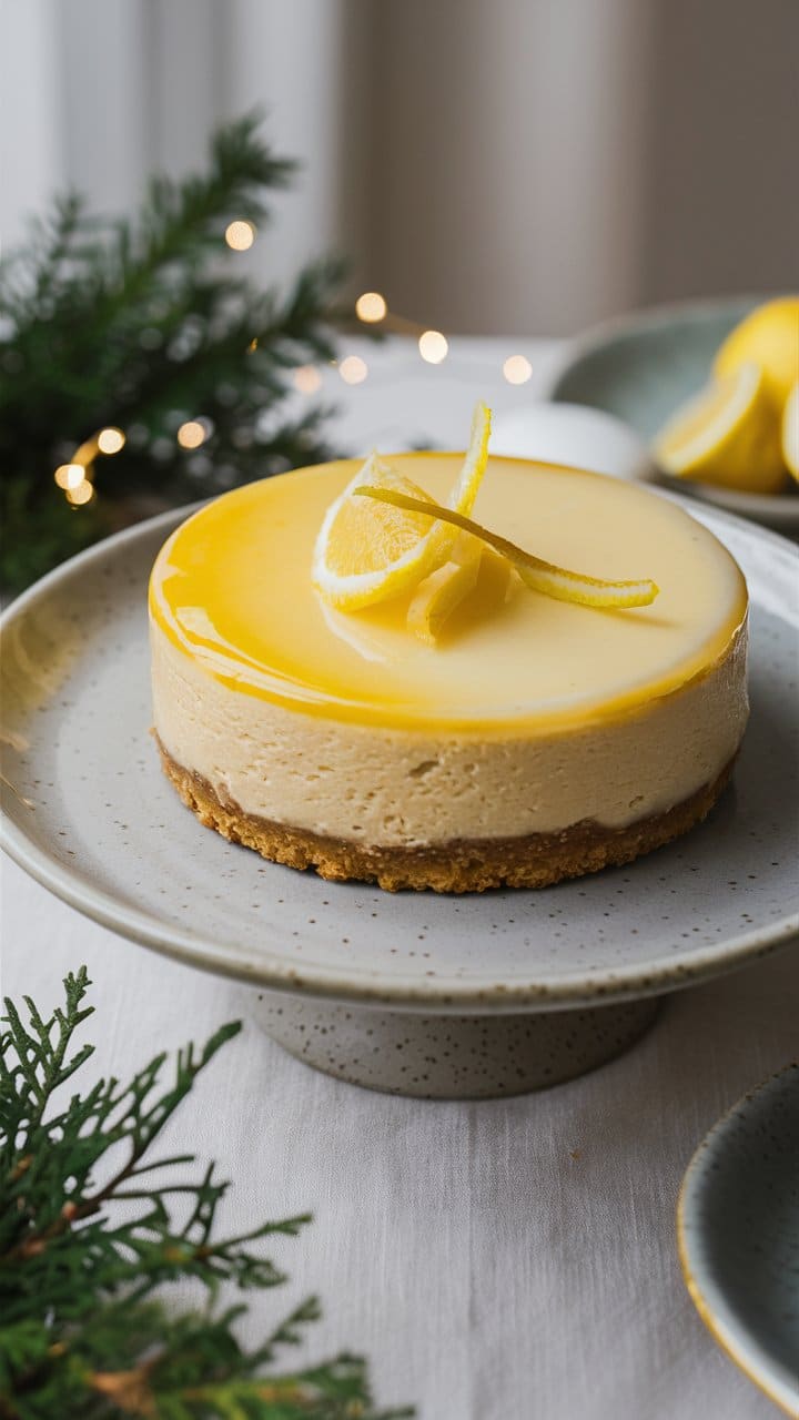 Cheesecake citron dessert sur assiette avec sapin.