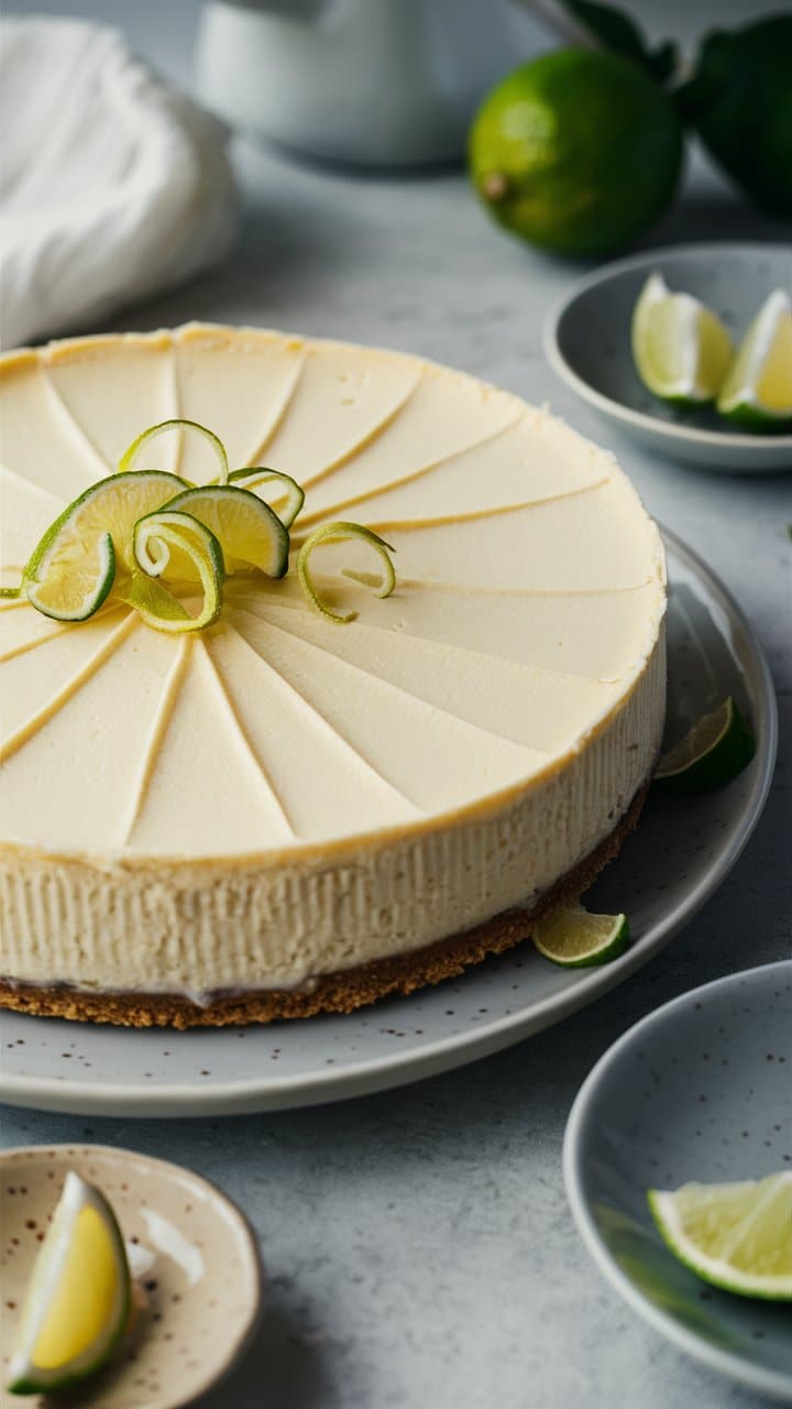 Gâteau au citron vert avec tranches décoratives.