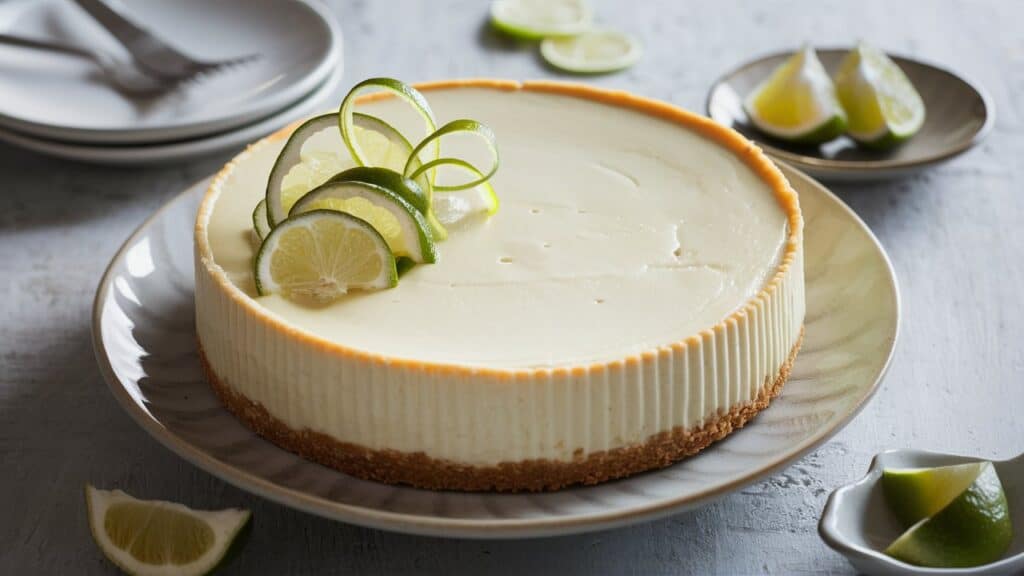 Cheesecake au citron vert avec tranches décoratives.