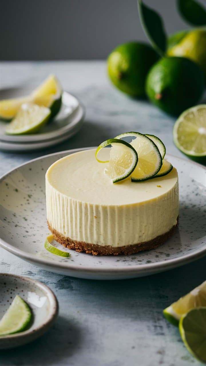 Tarte au citron vert sur assiette blanche.