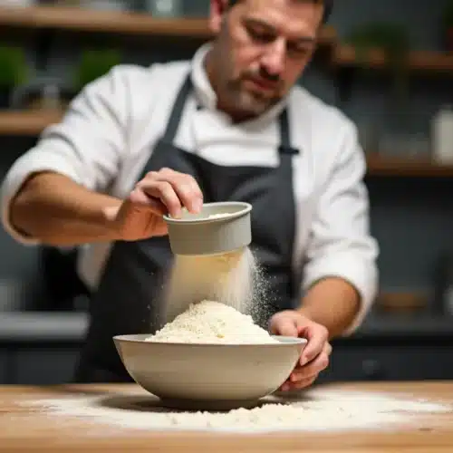 Chef versant farine dans un bol en cuisine.