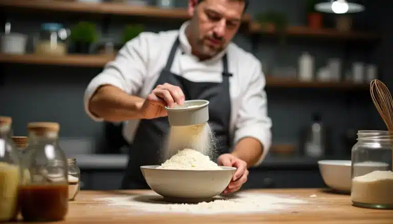 Chef versant farine dans un bol en cuisine.