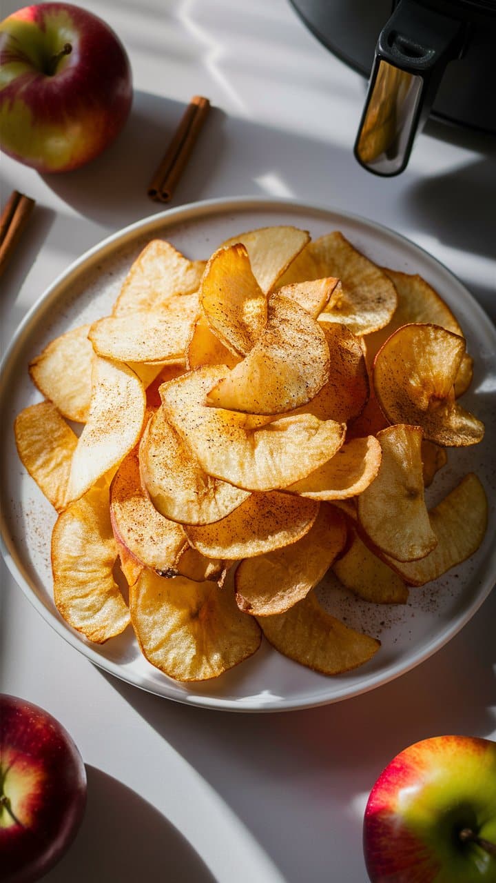 Chips de pommes avec cannelle sur une assiette blanche.