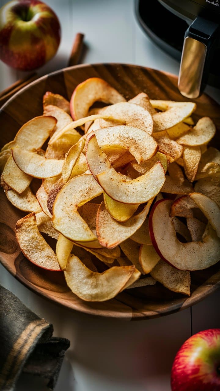 Tranches de pomme séchées dans un bol en bois.