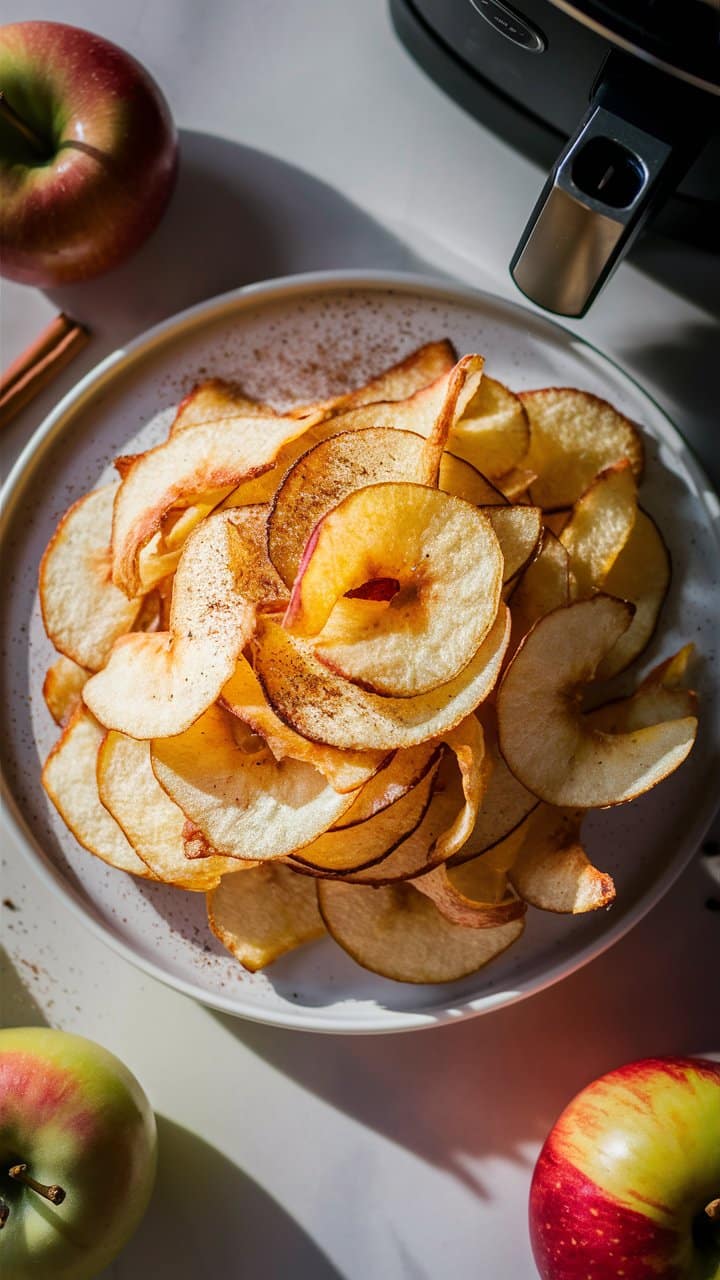Chips de pomme faites maison sur une assiette blanche.