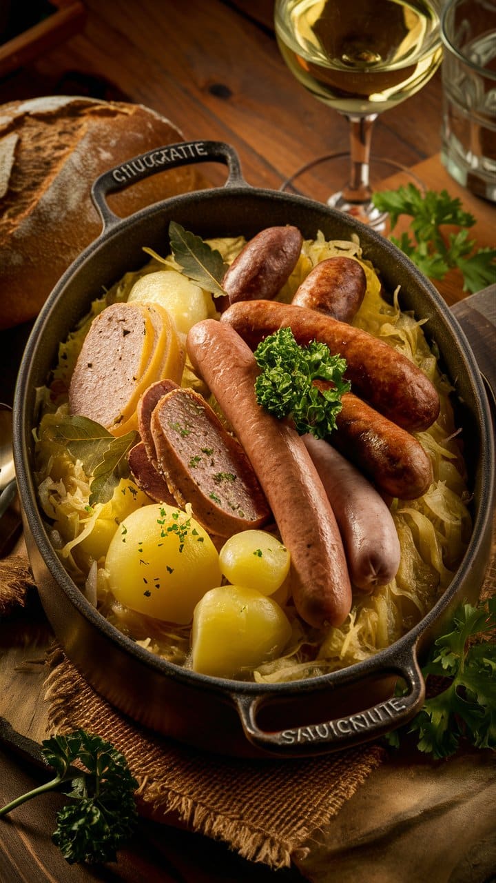 Choucroute garnie avec saucisses et pommes de terre.
