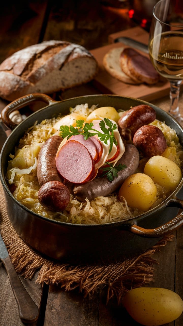 Choucroute garnie avec saucisses et pommes de terre.