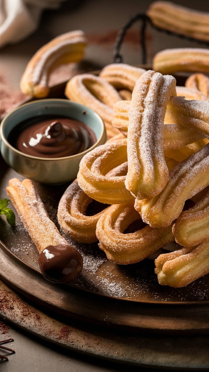 Churros avec sauce chocolat sur plateau.
