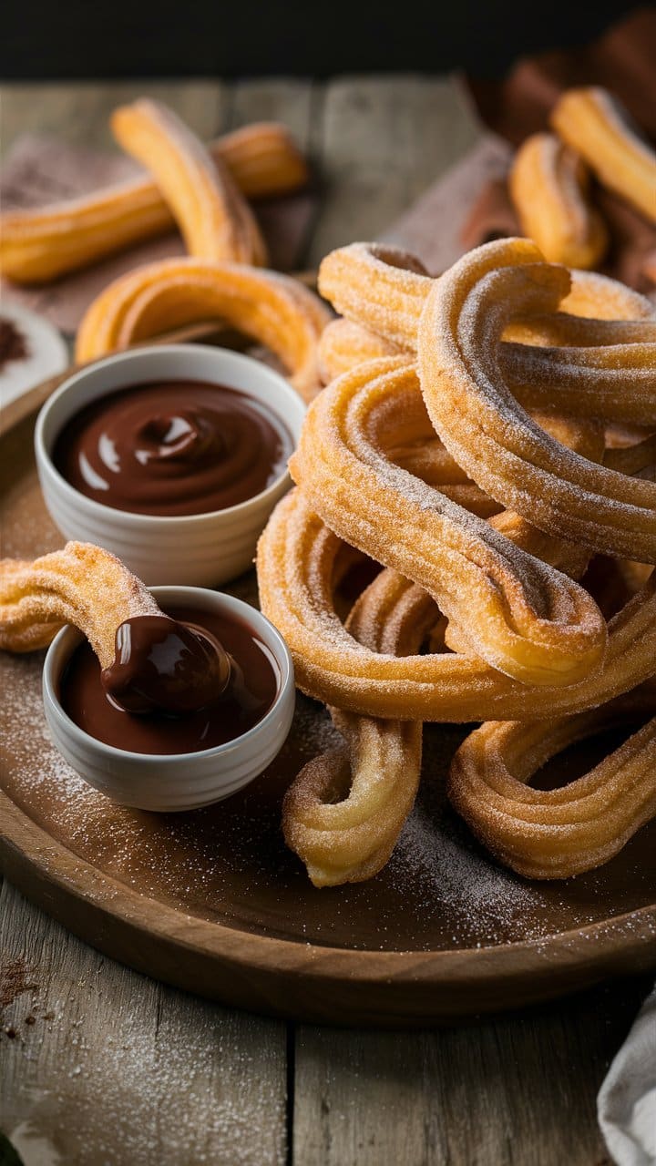 Churros avec sauce chocolat sur plateau.