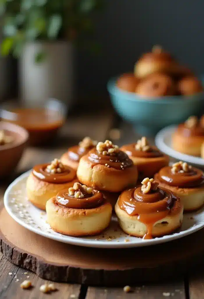 Petits gâteaux caramel et noix sur assiette blanche.