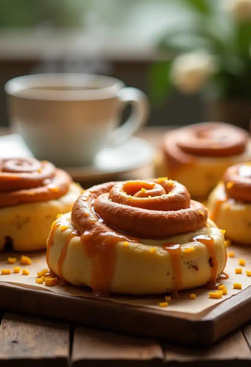Brioches à la cannelle avec café fumant.